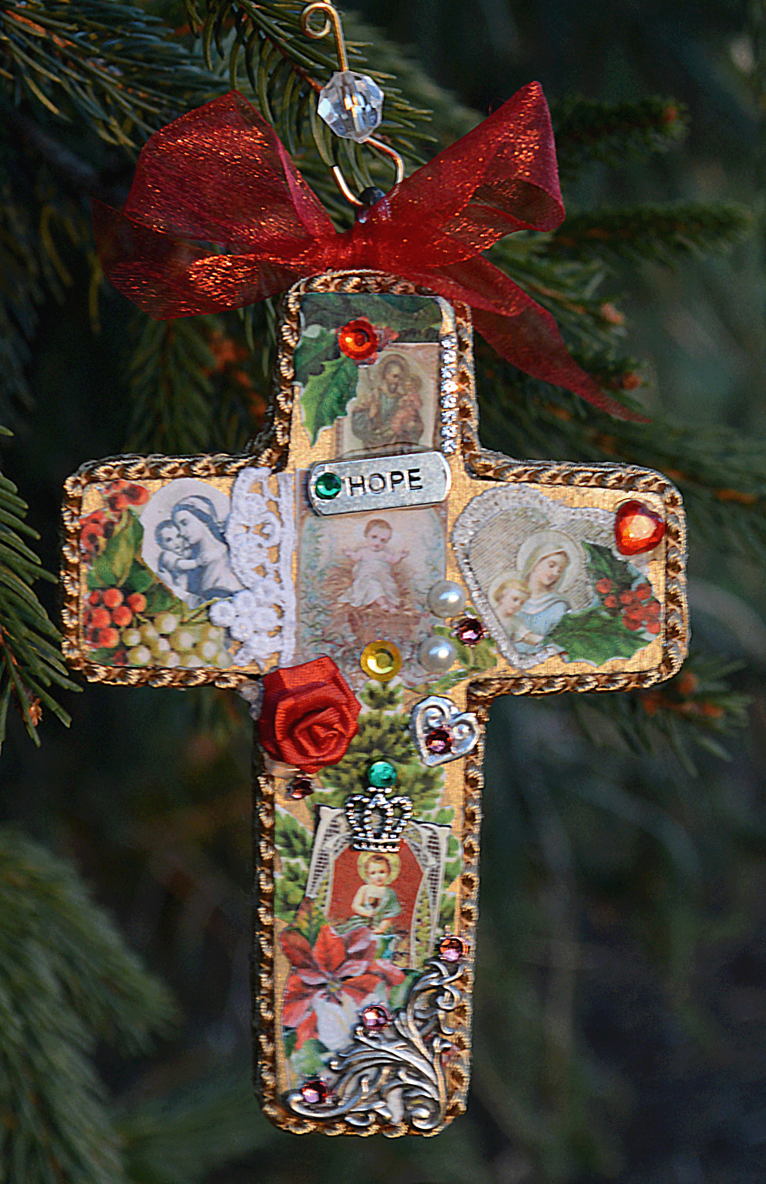 Antique Christmas Assemblage Cross Christmas Ornament