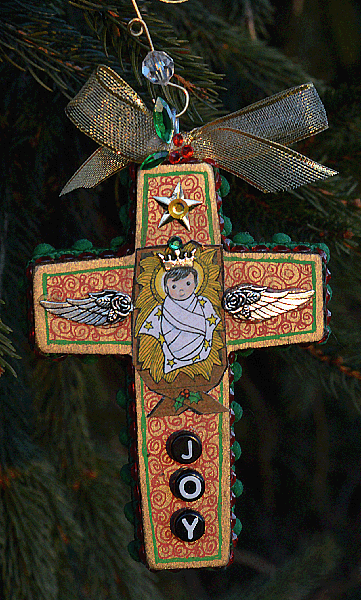 Joy Baby Jesus Cross Block and Tassel Christmas Ornament