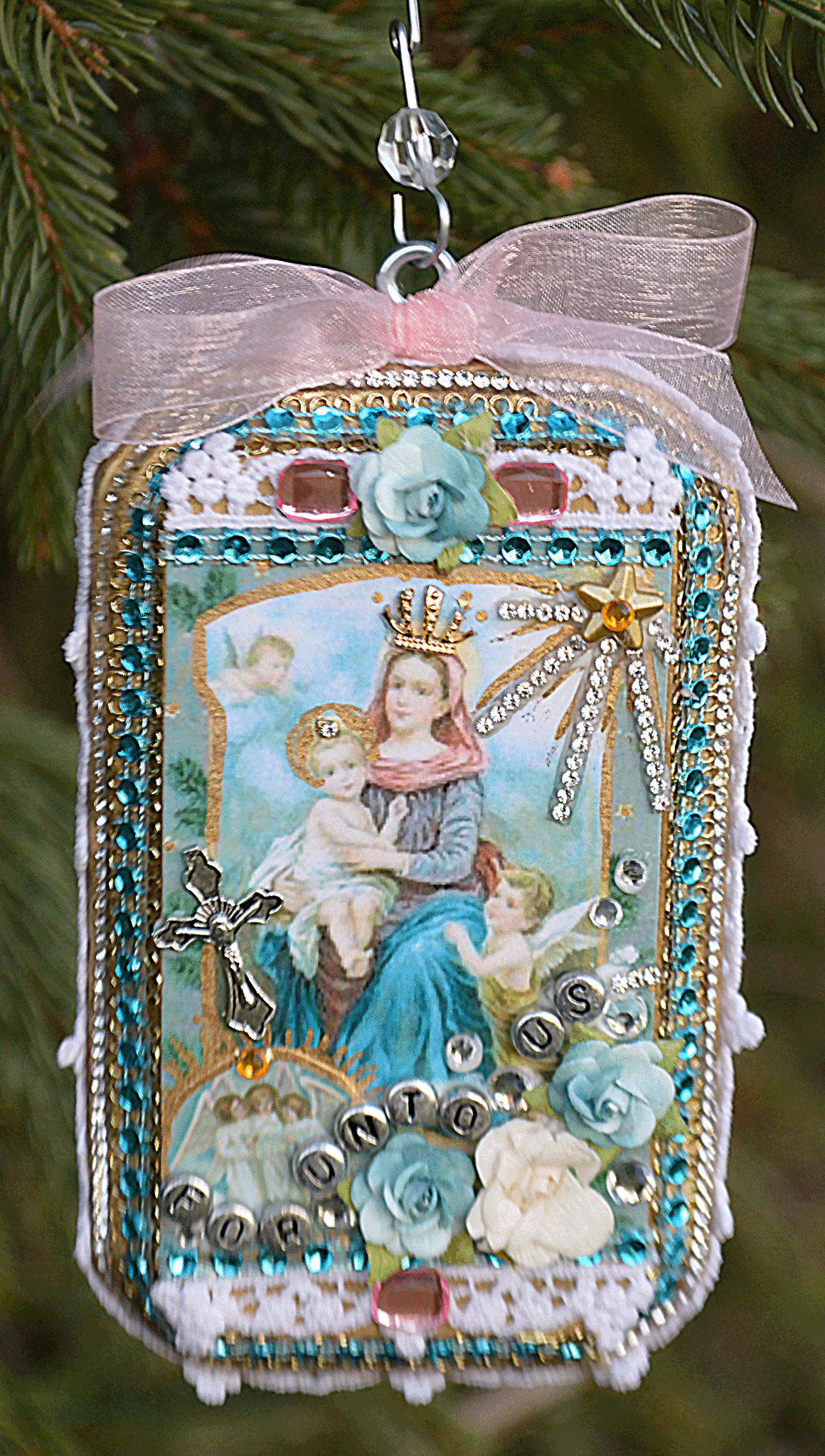 Blessed Mother Assemblage Christmas Ornament